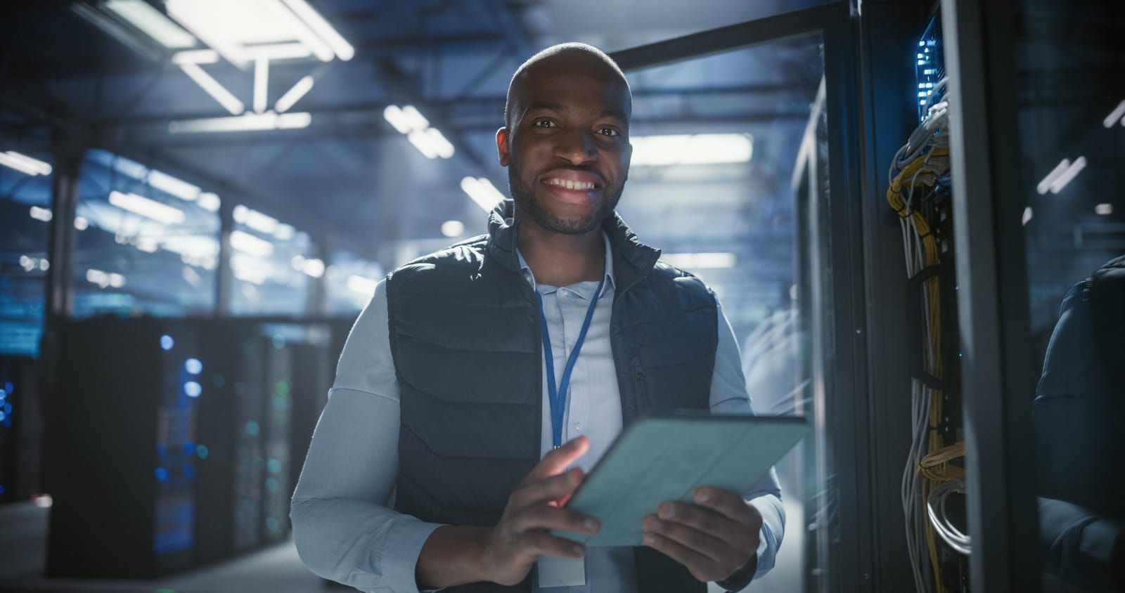 Technicien dans une salle de serveurs